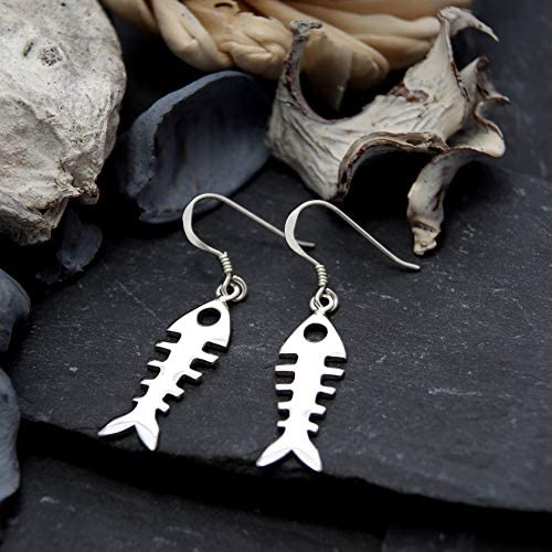 Sterling silver Fish Bones Skeleton drop earrings with jewellery gift box