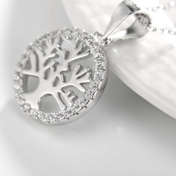 Sterling Silver CZ Tree of Life Celtic clear stone Pendant Necklace with 18" silver Chain & Jewellery Gift Box. Womans Yggdrasil Crann Bethadh gift with silver chain.