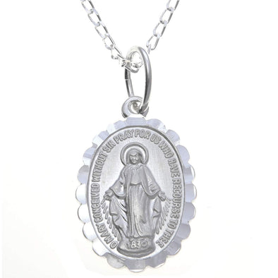 Sterling Silver Frilled Miraculous Medal Pendant Necklace (14mm) with 18" Chain & Jewellery Presentation Box