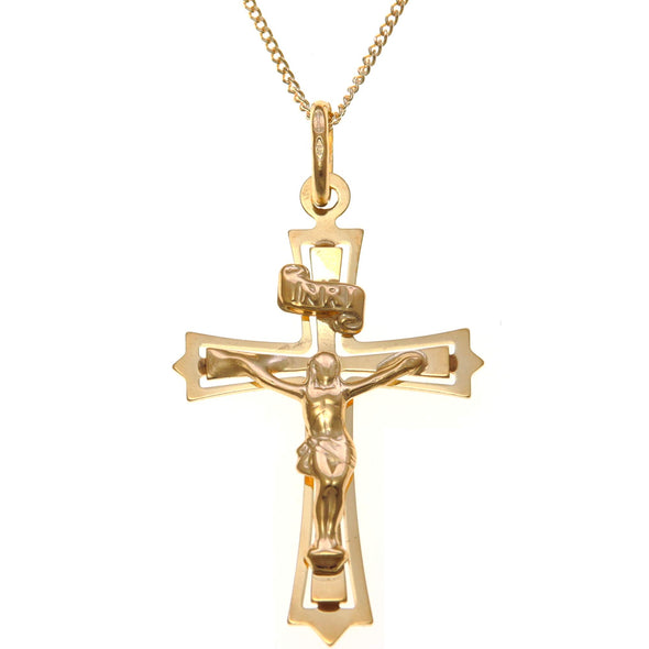 9ct Gold Serif Crucifix Cross Necklace -18" Chain - 1.5g - Includes Jewellery Gift Box