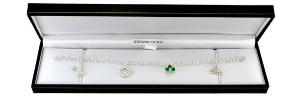 Alexander Castle Sterling Silver Irish Charm Bracelet with Leprechaun, Claddagh, Shamrock and Trinity Charms. Comes in a Jewellery Presentation Gift Box