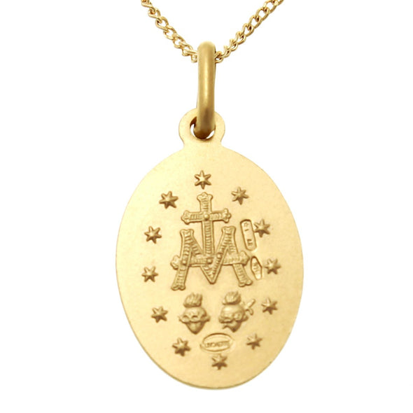 9ct Gold Miraculous Medal Pendant Necklace - Matt Finish 14mm with 9ct 18 inch Gold Chain and Jewellery Gift Box