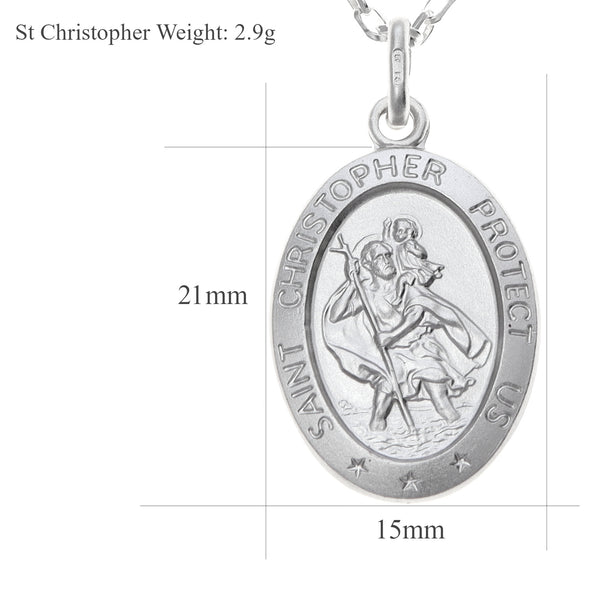 Oval Sterling Silver St Christopher Pendant Necklace with 18" Chain and Jewellery Gift Box - 28mm x 15mm