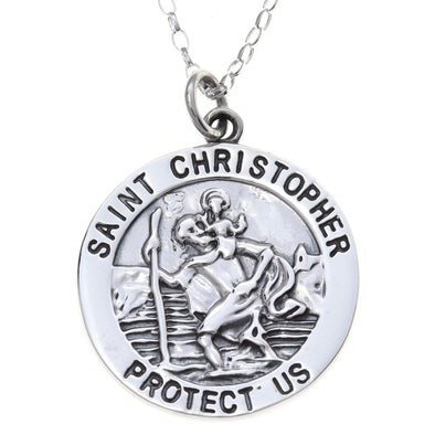 Alexander Castle Sterling Silver St Christopher Pendant Necklace with 20" Chain and 'St Christopher Protect Us' Engraving. Jewellery Gift Box Included.