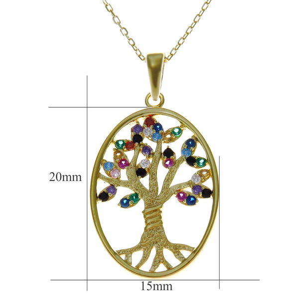 Gold Plated Sterling Silver and Coloured Stones Tree of Life Yggdrasil Pendant Necklace with adjustable 16" to 18" chain and jewellery gift box