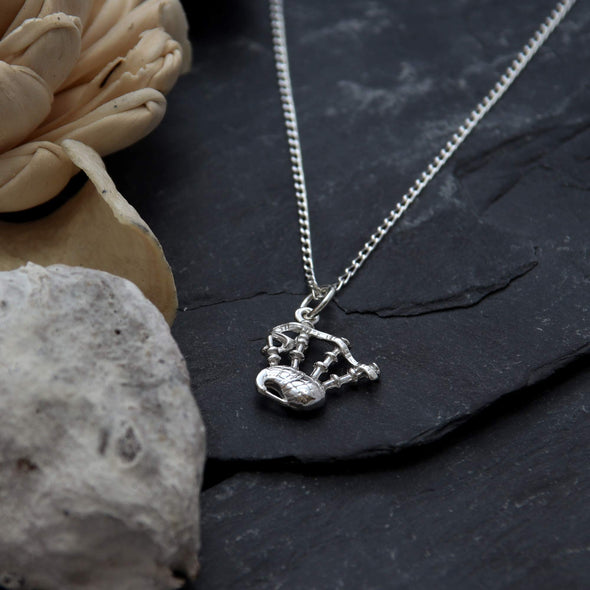 Sterling Silver Bagpipes Pendant - Scottish Necklace with 18" Chain and jewellery gift box