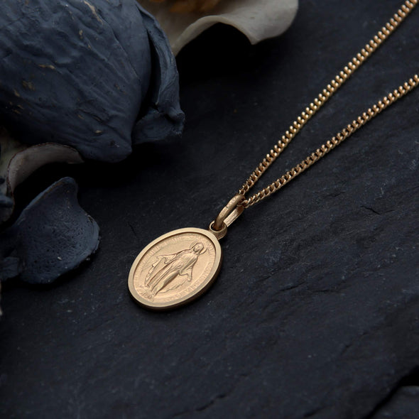 9ct Gold Miraculous Medal Pendant Necklace - Matt Finish 14mm with 9ct 18 inch Gold Chain and Jewellery Gift Box