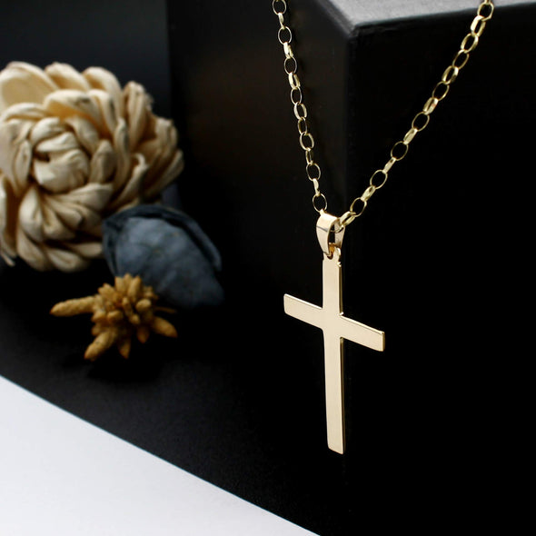 Large Mens 9ct Gold Cross Pendant Necklace With 20" Gold Chain & Jewellery Gift Box