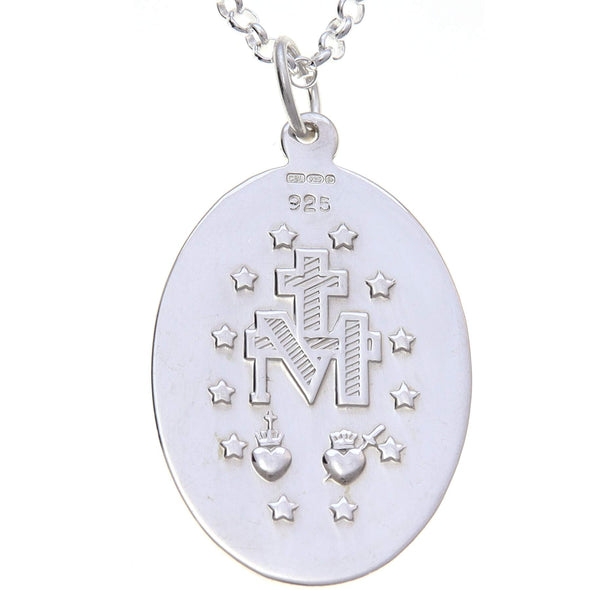 Large Polished Silver Miraculous Medal Pendant Necklace (30mm) with 20" Chain & Jewellery Presentation Box