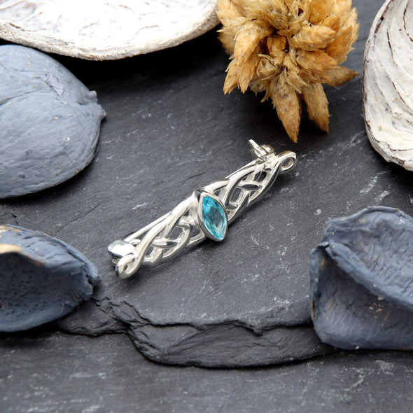 Sterling Silver Celtic Brooch with blue cubic zirconia and Jewellery Gift Box