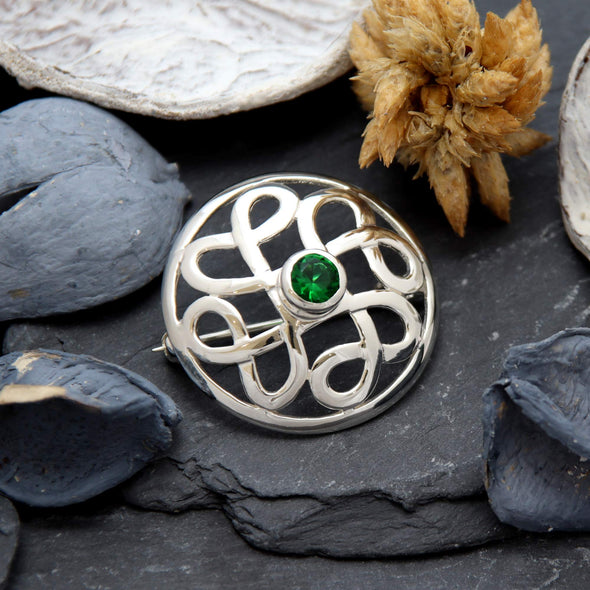 Sterling Silver Celtic Brooch with green cubic zirconia and Jewellery Gift Box