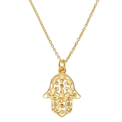 Gold plated sterling silver Hamsa hand of Fatima pendant necklace with adjustable chain and jewellery gift box