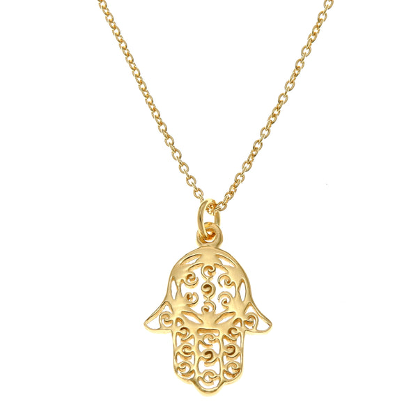 Gold plated sterling silver Hamsa hand of Fatima pendant necklace with adjustable chain and jewellery gift box