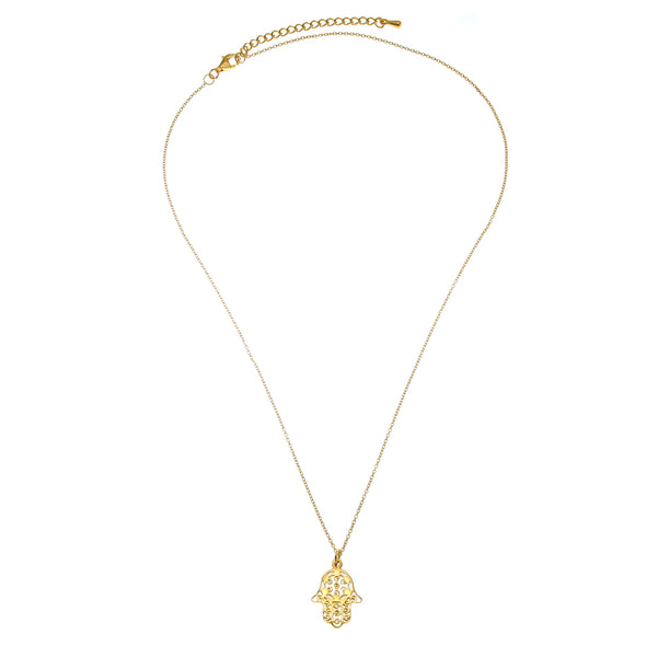 Gold plated sterling silver Hamsa hand of Fatima pendant necklace with adjustable chain and jewellery gift box
