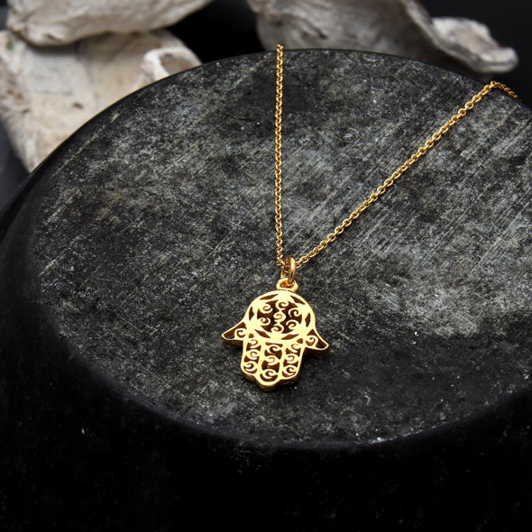 Gold plated sterling silver Hamsa hand of Fatima pendant necklace with adjustable chain and jewellery gift box