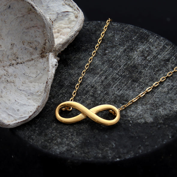 Gold plated sterling silver infinity pendant necklace with adjustable chain and jewellery gift box