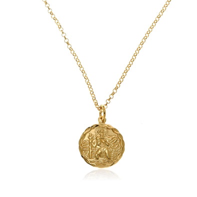 Gold Plated Sterling Silver circular St Christopher pendant necklace with adjustable chain and jewellery gift box