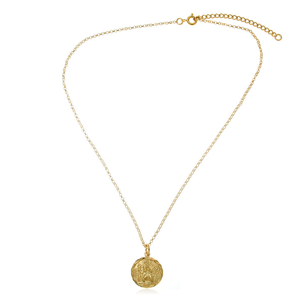 Gold Plated Sterling Silver circular St Christopher pendant necklace with adjustable chain and jewellery gift box