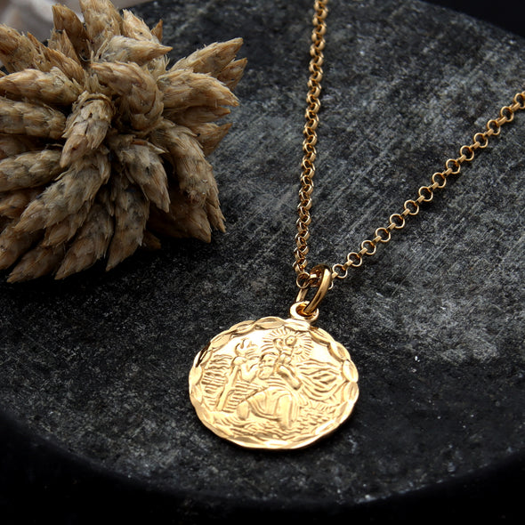 Gold Plated Sterling Silver circular St Christopher pendant necklace with adjustable chain and jewellery gift box