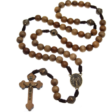Our Father Solid Wooden Rosary Beads Catholic (Handmade - Brazilian Walnut) with Miraculous Medal Junction - Comes in Velour Gift Pouch