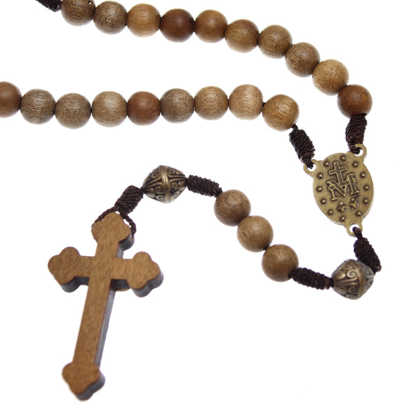 Our Father Solid Wooden Rosary Beads Catholic (Handmade - Brazilian Walnut) with Miraculous Medal Junction - Comes in Velour Gift Pouch