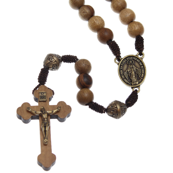 Our Father Solid Wooden Rosary Beads Catholic (Handmade - Brazilian Walnut) with Miraculous Medal Junction - Comes in Velour Gift Pouch
