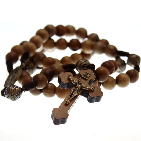 Our Father Solid Wooden Rosary Beads Catholic (Handmade - Brazilian Walnut) with Miraculous Medal Junction - Comes in Velour Gift Pouch