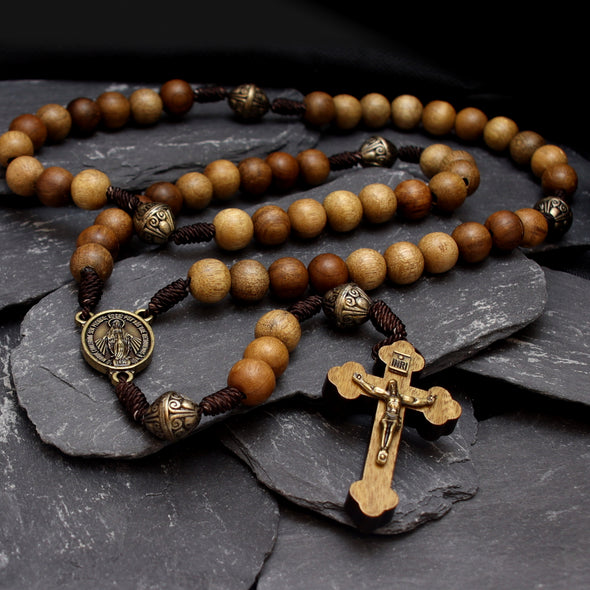 Our Father Solid Wooden Rosary Beads Catholic (Handmade - Brazilian Walnut) with Miraculous Medal Junction - Comes in Velour Gift Pouch