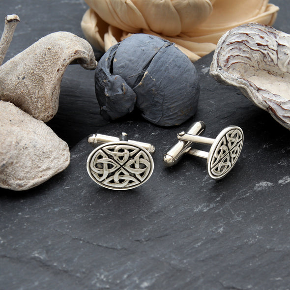 Sterling Silver Oxidised Celtic Cufflinks for Men - Oval 17mm x 12mm Celtic Trinity Cufflinks with Jewellery Gift Box