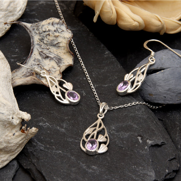 Women's Jewellery Sterling Silver & Amethyst Charles Rennie Mackintosh Gift Set - Necklace and Earring Set with Jewellery Gift Box