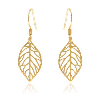 Gold plated sterling silver leaf drop earrings with jewellery gift box