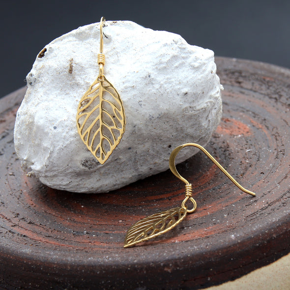Gold plated sterling silver leaf drop earrings with jewellery gift box