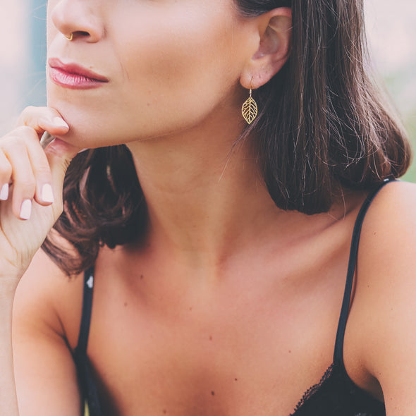 Gold plated sterling silver leaf drop earrings with jewellery gift box