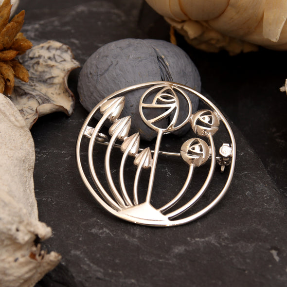 Sterling Silver Charles Rennie Mackintosh Brooch for Women - Silver Brooch Pin with Jewellery Gift Box - 36mm