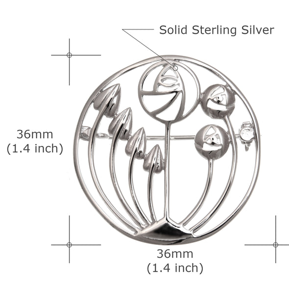 Sterling Silver Charles Rennie Mackintosh Brooch for Women - Silver Brooch Pin with Jewellery Gift Box - 36mm