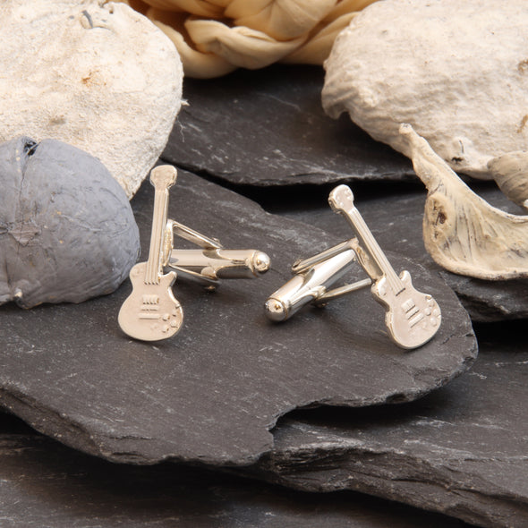 Sterling Silver Guitar Cufflinks - Novelty Cufflinks for Men with Jewellery Gift Box - Music Gifts for Men