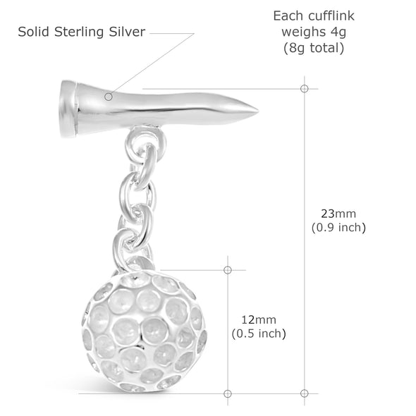 Sterling Silver Golf Ball & Tee Cufflinks - Novelty Cufflinks for Men with Jewellery Gift Box - Golf Gifts for Men