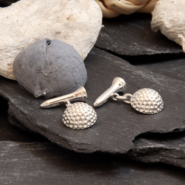 Sterling Silver Golf Ball & Tee Cufflinks - Novelty Cufflinks for Men with Jewellery Gift Box - Golf Gifts for Men