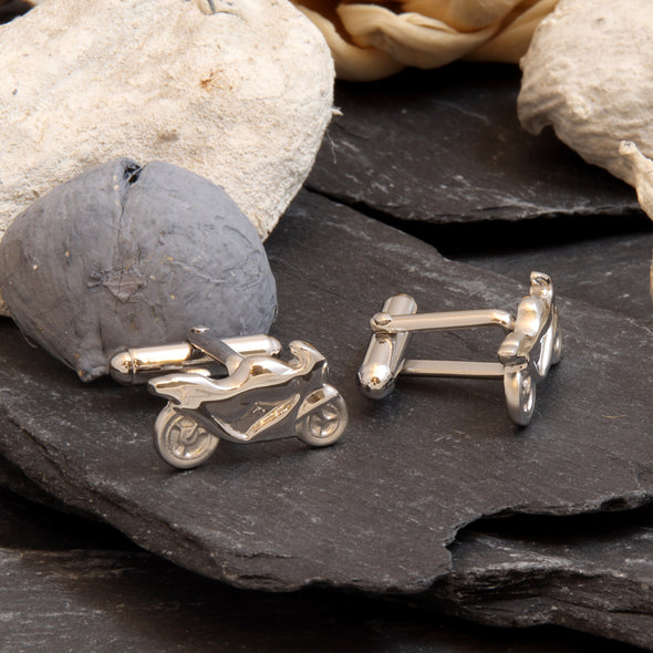 Sterling Silver Motorcycle Cufflinks - Novelty Cufflinks for Men with Jewellery Gift Box - Motorbike Gifts for Men