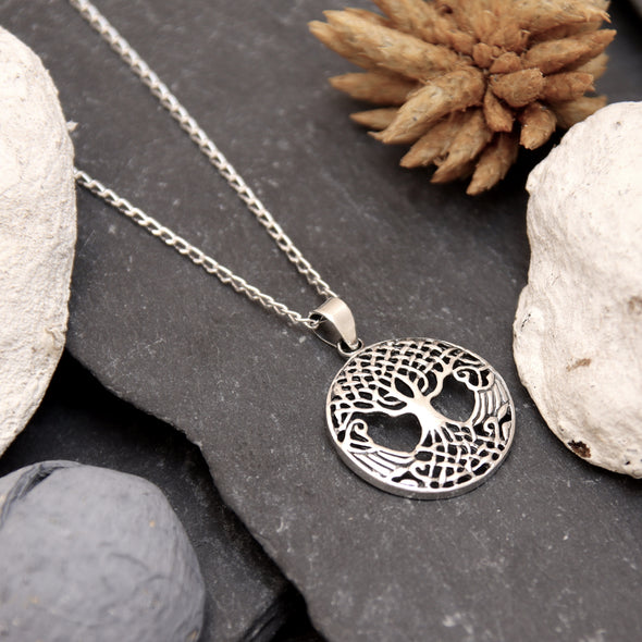 Celtic Tree of Life Pendant Necklace Sterling Silver Necklace for Women - Yggdrasil Crann Bethadh with 18" Silver Chain & Jewellery Gift Box - 24mm