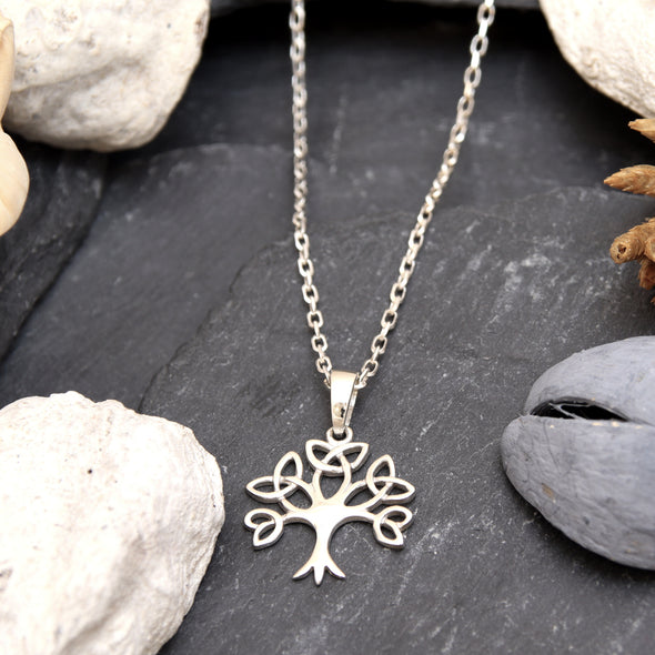 Trinity Tree of Life Pendant Necklace 925 Sterling Silver Necklace for Women - Crann Bethadh with 18" Silver Chain & Jewellery Gift Box - 19mm