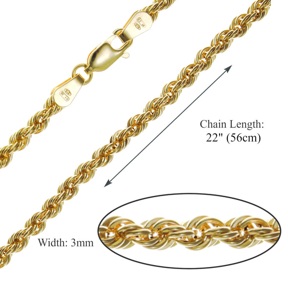 9ct Yellow Gold Rope Chain Necklace - 5.5g - 22" (55cm) - Width 3mm