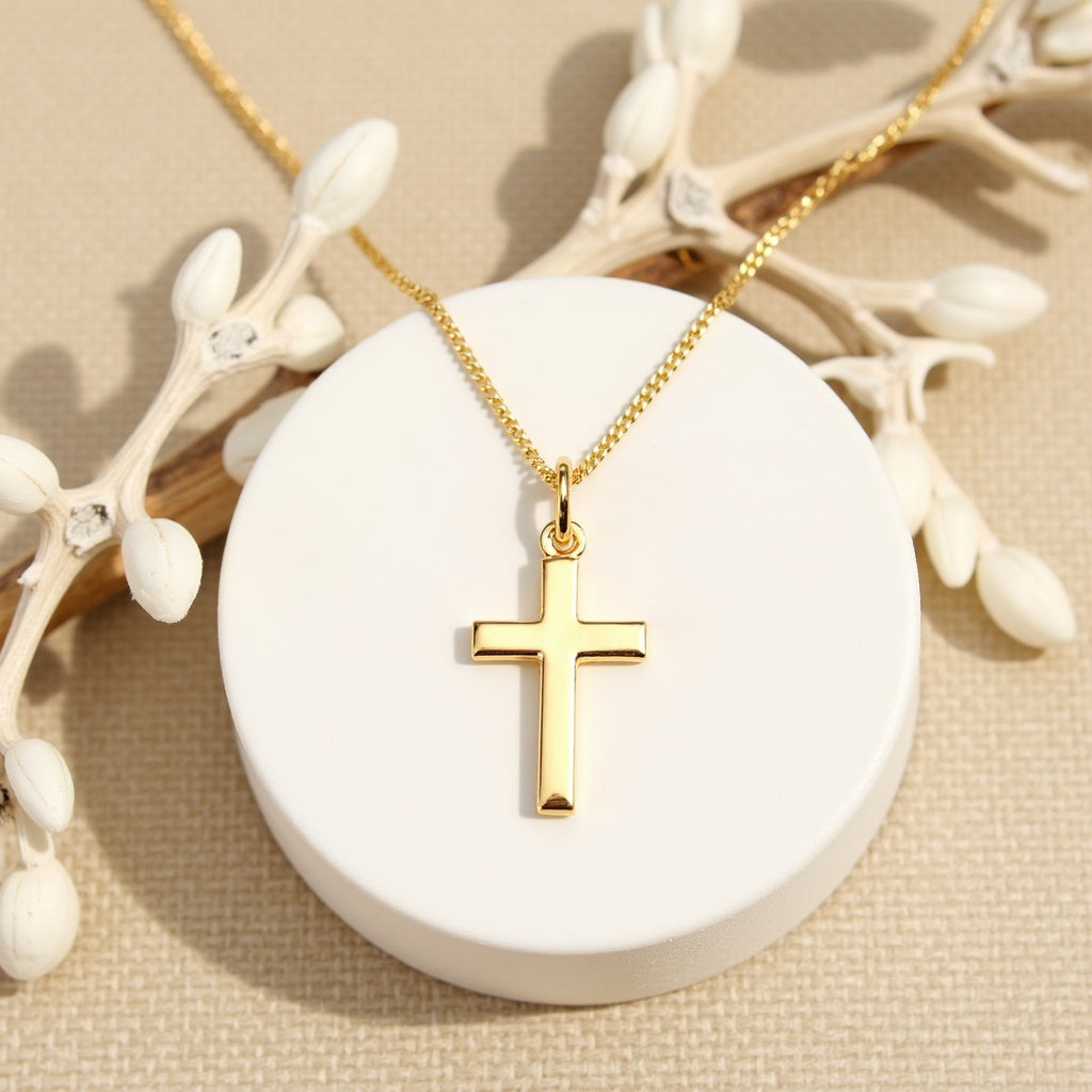 Small Plain Solid 9ct Gold Cross Necklace for Women Children