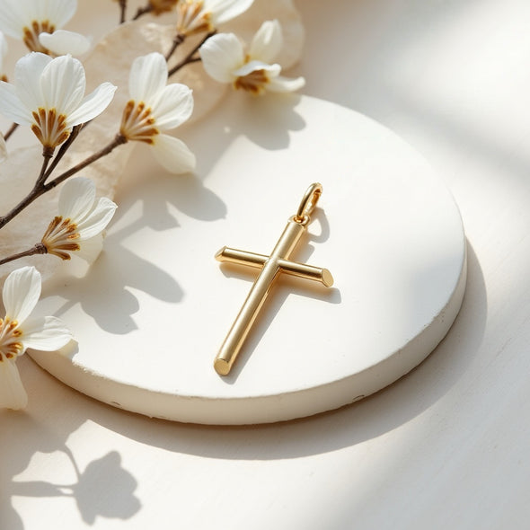 Plain Solid 9ct Gold Cross Necklace Pendant for Women - Cross Charm with Jewellery Gift Box - PENDANT ONLY - 30mm x 18mm