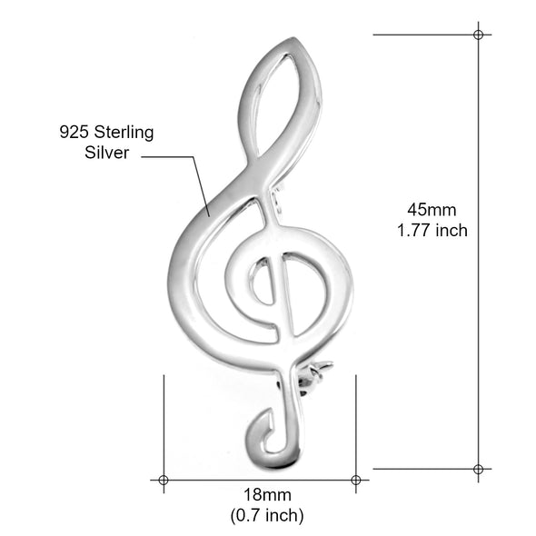 Silver Treble Clef Brooch - 925 Sterling Silver, 45mm x 18mm, Pin Fastening, Elegant Gift Box
