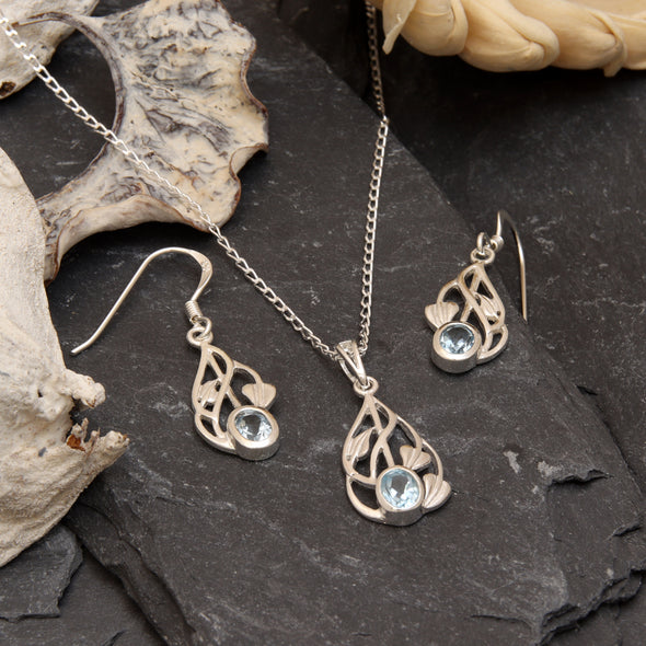 Women's Jewellery Sterling Silver & Blue Topaz Charles Rennie Mackintosh Gift Set - Necklace and Earring Set with Jewellery Gift Box