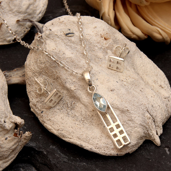 Women's Jewellery Sterling Silver Charles Rennie Mackintosh Gift Set - Blue Topaz Necklace and Earring Set with Jewellery Gift Box