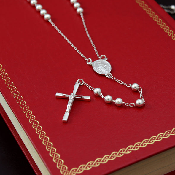 Sterling Silver Rosary Beads Catholic for Women Ladies Kids - Miraculous Medal Junction - 5mm Beads Rosary with Jewellery Gift Box