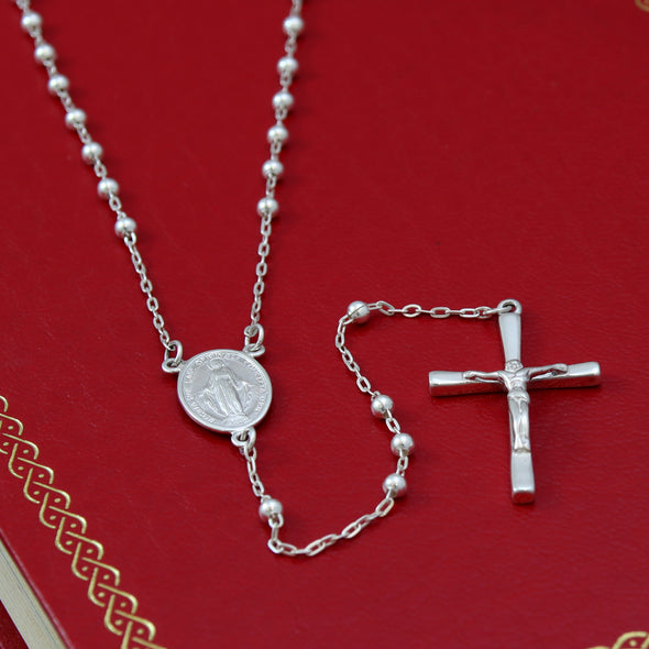 Sterling Silver Rosary Beads Catholic for Women Ladies Kids - Miraculous Medal Junction - 3mm Beads Rosary with Jewellery Gift Box