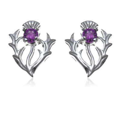 Sterling Silver Scottish Thistle Real Amethyst Earrings 12mm x 10mm Stud Earrings with Jewellery Gift Box - Scottish Gifts for Women Girls Teens